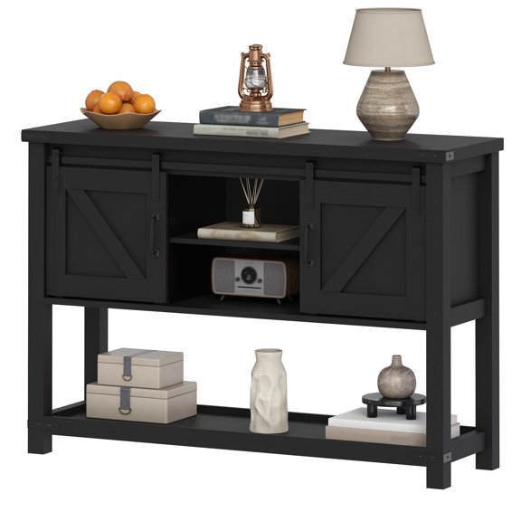 HOOBRO Farmhouse Console Table with Cabinets, Sliding Barn Doors & Storage Shelf, Black