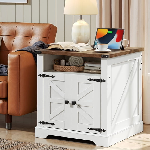 HOOBRO Farmhouse End Table with Built-in Outlet, White and Walnut