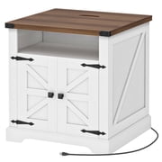 HOOBRO Farmhouse 23.6-Inch End Table with Charging Station, Barn Door & Flip Top, White and Walnut