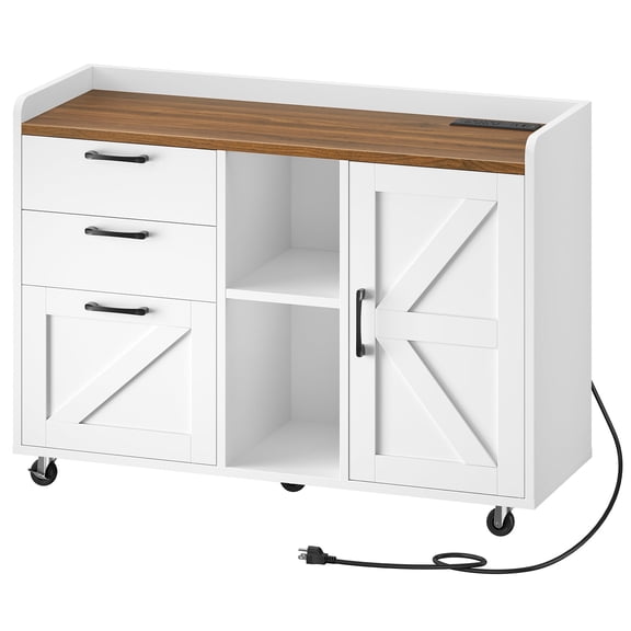 HOOBRO Farmhouse Lateral File Cabinet with 3 Drawers, Door & Charging Station, White