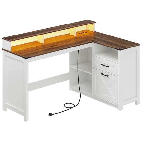 HOOBRO Farmhouse L-Shaped Computer Desk with Charging Station, Adjustable Lighting & File Drawer, White and Walnut