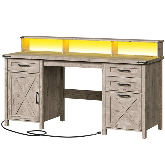 HOOBRO Farmhouse Office Desk with Drawers, 63" Long Computer Desks with File Drawers, Storage Cabinet, Home Office Gaming Desk with Power Outlet & Led Lights & Monitor Stand, Greige GY160UDDN01