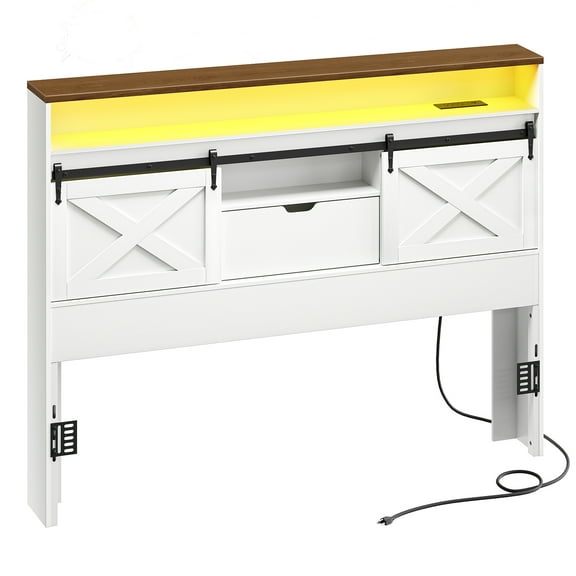 HOOBRO FarmhouseQueen Headboard with Charging Station and LED Strip, Storage Headboard with Sliding Barn Doorsand Flip-Down Drawer,Metal Frame Adapters, for QueenBeds, Whiteand Walnut WH20UDBH01