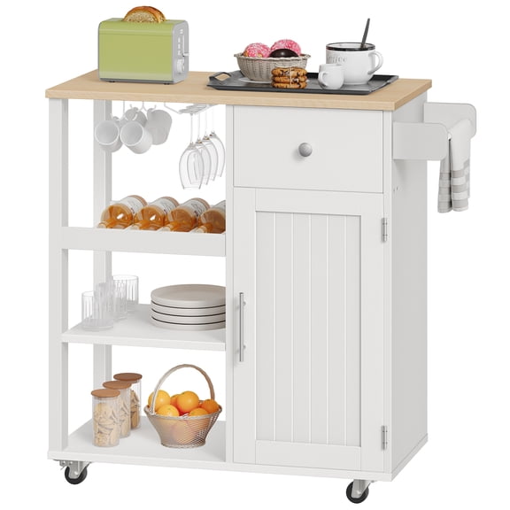 HOOBRO Farmhouse Rolling Kitchen Island with Drawer, Wine Rack, Glass Holder & Adjustable Shelf, White and Natural