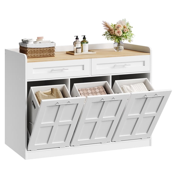 HOOBRO Farmhouse Tilt-Out Laundry Hamper Cabinet with 2 Drawers & 3 Removable Baskets, White and Natural