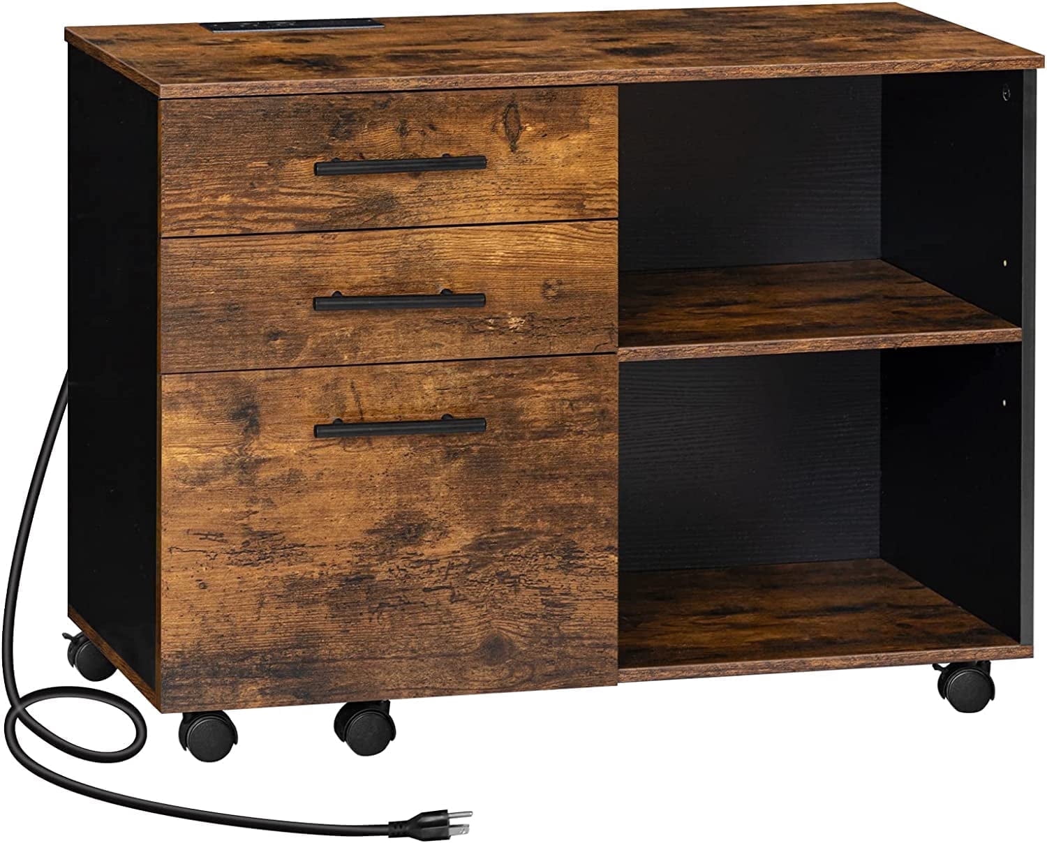HOOBRO Lateral File Cabinet with Charging Station, 3 Drawers, Printer Stand & Hanging Files, Black
