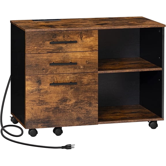 HOOBRO Lateral File Cabinet with Charging Station, 3 Drawers, Printer Stand & Hanging Files, Black