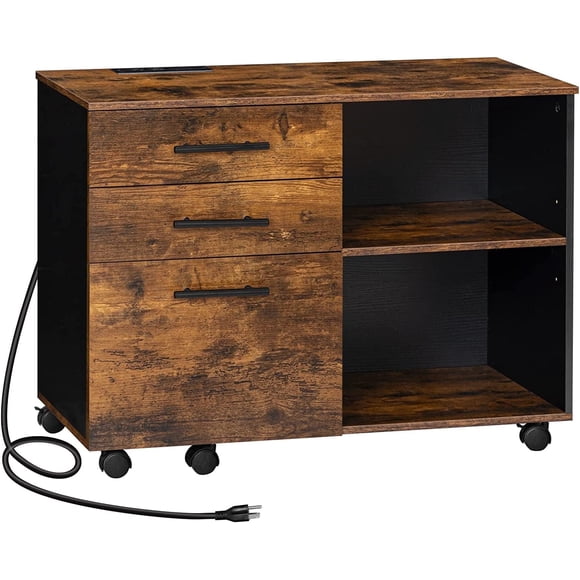 HOOBRO Lateral File Cabinet with Charging Station, 3 Drawers, Printer Stand & Hanging Files, Black