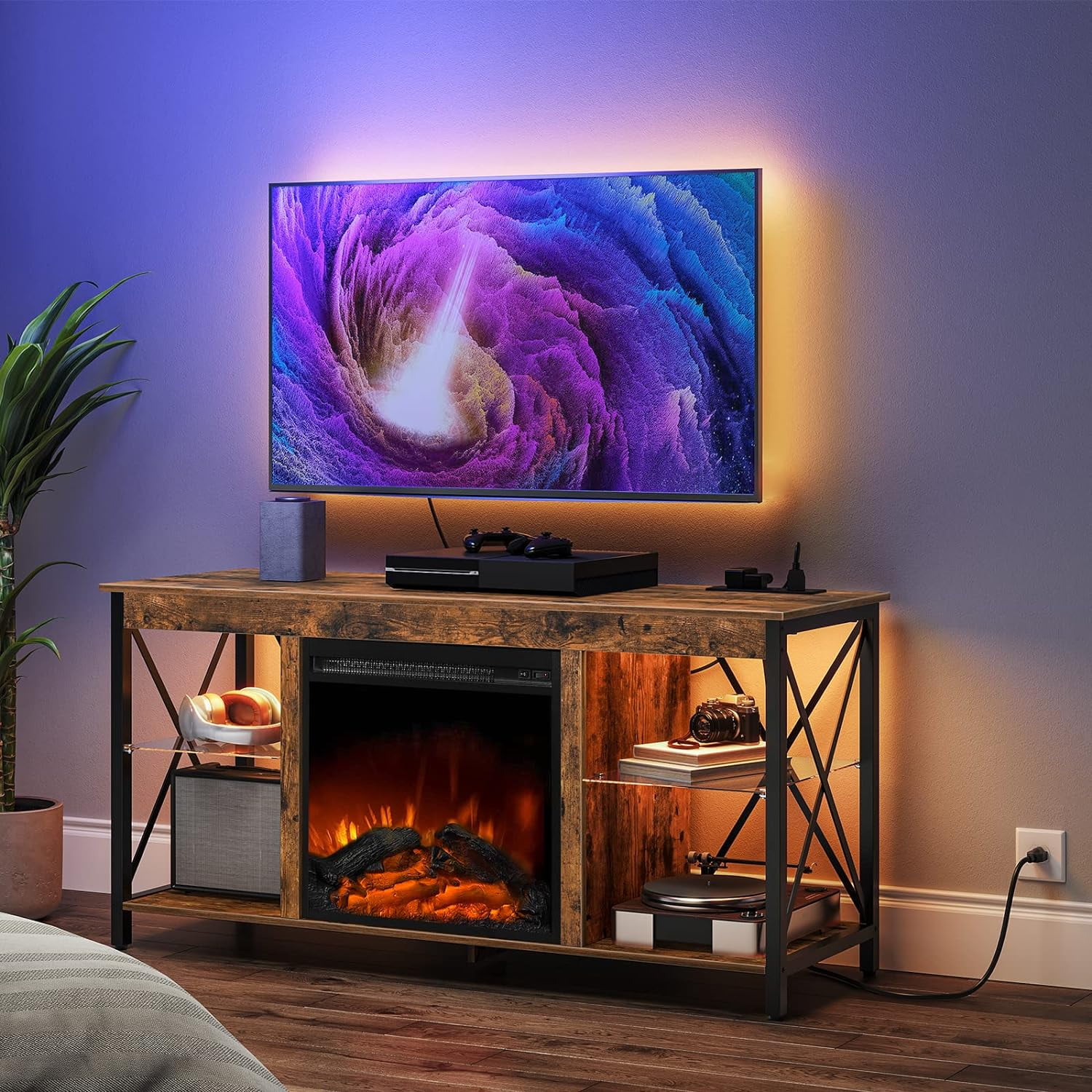 HOOBRO Modern Fireplace TV Stand with LED Lights, Power Outlets ...