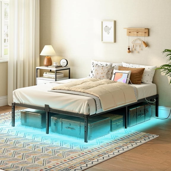 HOOBRO Bed Frames 14 in LED Lights and Charging Station Standard Bed Frames, Full
