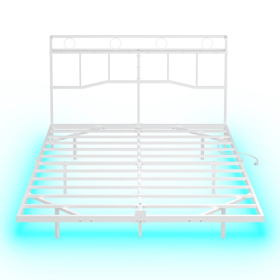 HOOBRO Full Floating Bed Frame with Charging Station, LED Light Strip, Headboard & Metal Slats, White