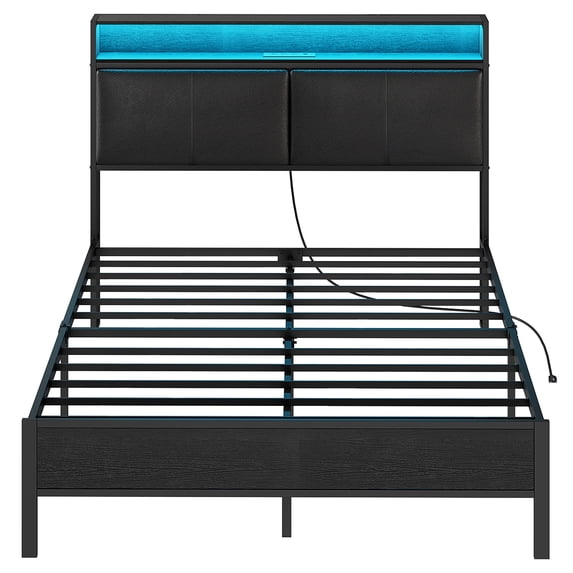 HOOBRO Full Size Upholstered Bed Frame with Charging Station & LED Light Strip - Sturdy Metal Support, Headboard with Storage Shelves, Outlets & USB Ports - Stylish Black Bedroom Furniture