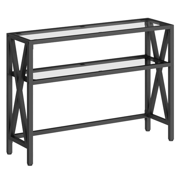HOOBRO Glass Console Table with X-Shaped Frame & 2 Open Shelves, Black