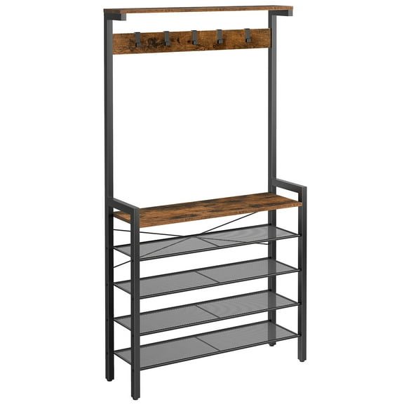 HOOBRO Hall Tree with Bench, Coat Rack with Shoe Storage, Shoe and Coat Rack, 5-Tier Entryway Shoe Storage, 5 Hooks, for 12-16 Pairs, Industrial, Hallway, Foyer, Mudroom, Rustic Brown BF74MT01