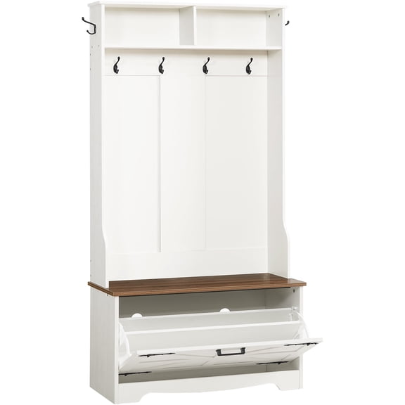 HOOBRO Farmhouse Hall Tree with Bench, Flip Drawers & Shoe Storage, White and Walnut