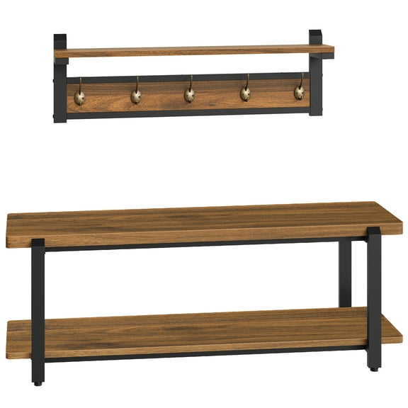 HOOBRO Hall Tree and Bench Set with Shoe Storage, Coat Rack with 5 Hooks & Shoe Storage Bench with 2 shelves, Multi-Functional Entryway Organizer for Hallway,Living Room, Black and WalnutBH22HX01