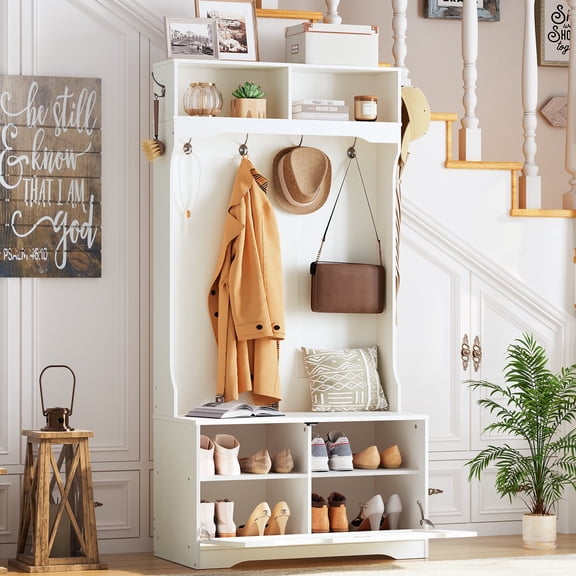 HOOBRO Hall Tree with Bench, Coat Rack and Flip-Down Shoe Storage, White