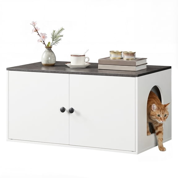 HOOBRO Hidden Litter Box Enclosure End Table with Side Entry, White and Charcoal Gray