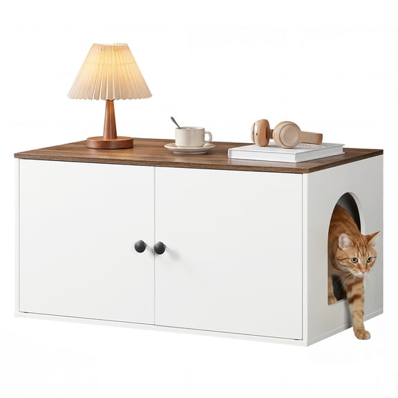 HOOBRO Hidden Litter Box Enclosure End Table with Side Entry, White and Walnut