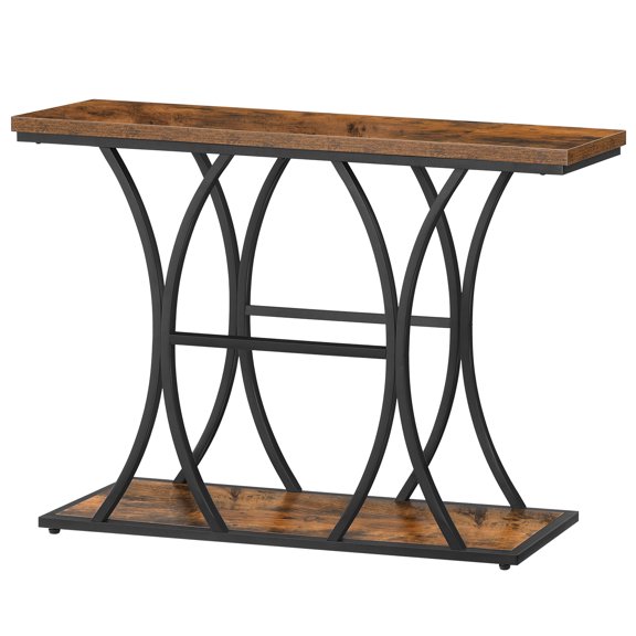 HOOBRO Industrial Arc Frame Console Table, 2-Tier Open Storage, Adjustable Feet & Anti-Tip Kit, Rustic Brown and Black