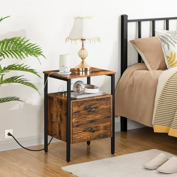 HOOBRO Iron Nightstand 2-Drawer & Power Outlets Living Room Bedroom Rustic Brown BF431BZ01G2