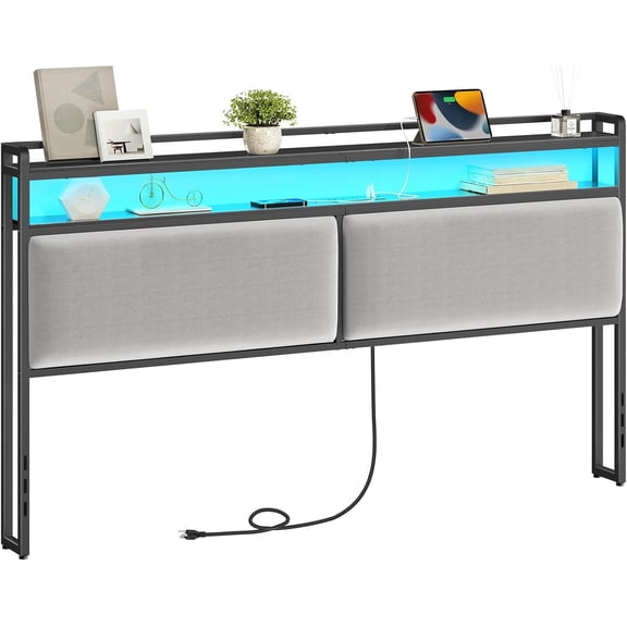 HOOBRO King Size Upholstered Storage Headboard with Charging Station & Adjustable LED Lights, Black and Gray