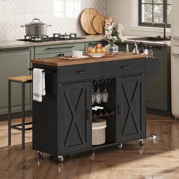 HOOBRO Kitchen Island, Kitchen Island Cart, Kitchen Island on Wheels, Kitchen Island with Power Outlet, Cup Holders, Wine Rack, Large Countertop, Adjustable Shelves, Black and Rustic Brown BF14UZD01