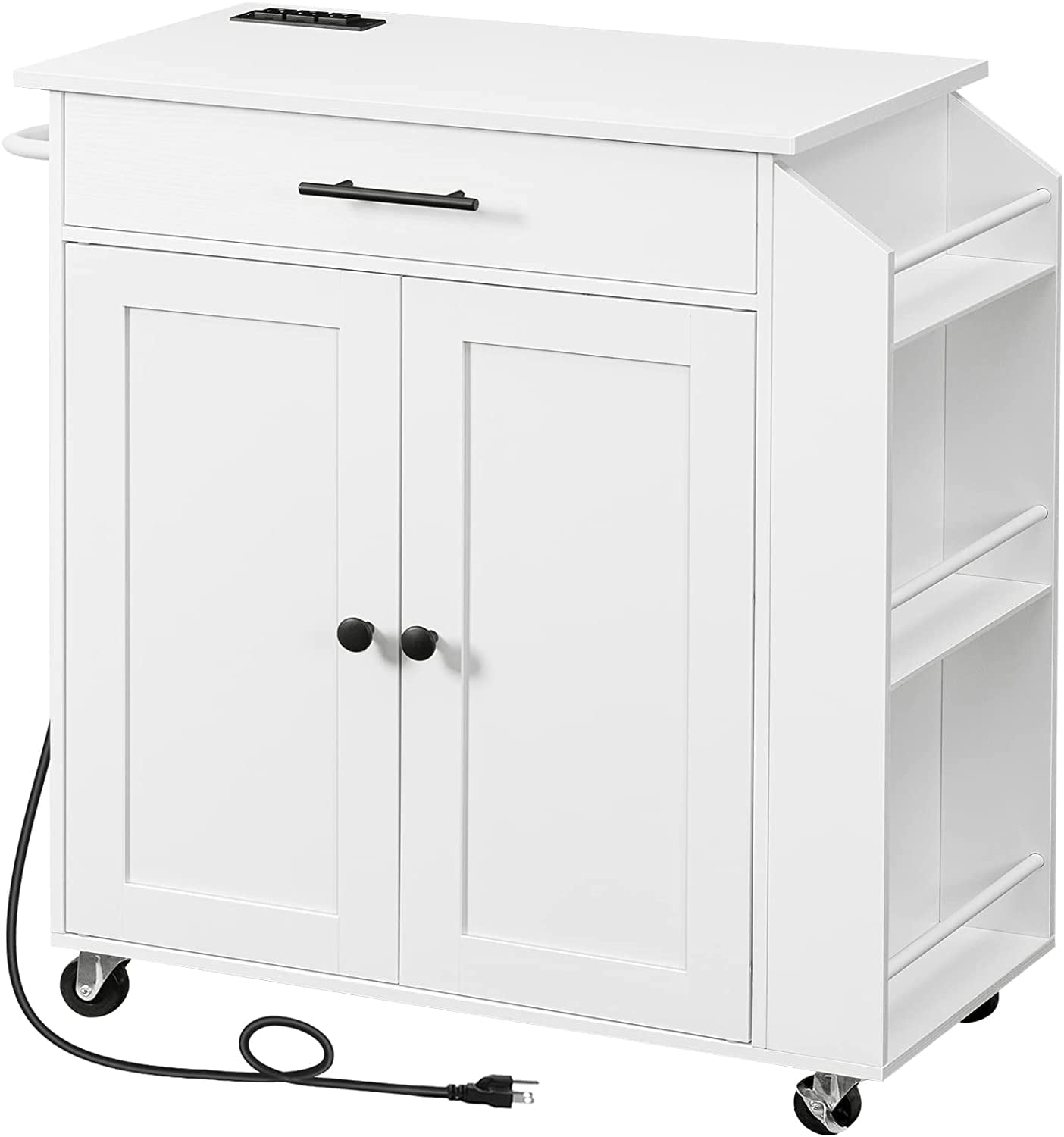 HOOBRO Rolling Kitchen Island with Power Outlet, Spice Rack & Drawer, White