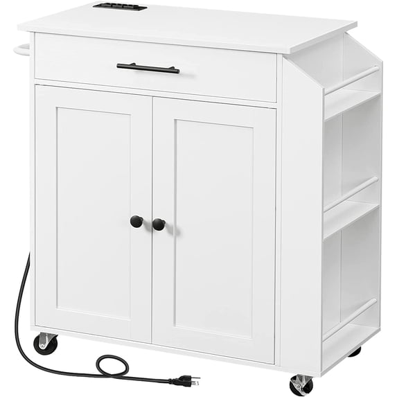 HOOBRO Rolling Kitchen Island with Power Outlet, Spice Rack & Drawer, White
