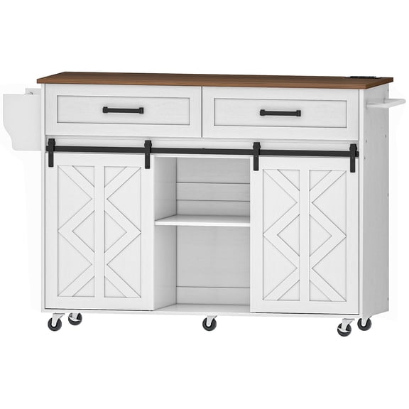 HOOBRO Kitchen Island with Storage, Power Outlet, Rolling Kitchen Island Cart on Wheels, with 2 Drawers, Sliding Barn Doors and Lockable Wheels, Farmhouse, White and Walnut WH28UZD01