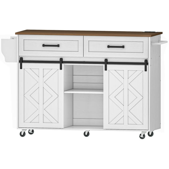 HOOBRO Kitchen Island with Storage, Power Outlet, Rolling Kitchen Island Cart on Wheels, with 2 Drawers, Sliding Barn Doors and Lockable Wheels, Farmhouse, White and Walnut WH28UZD01