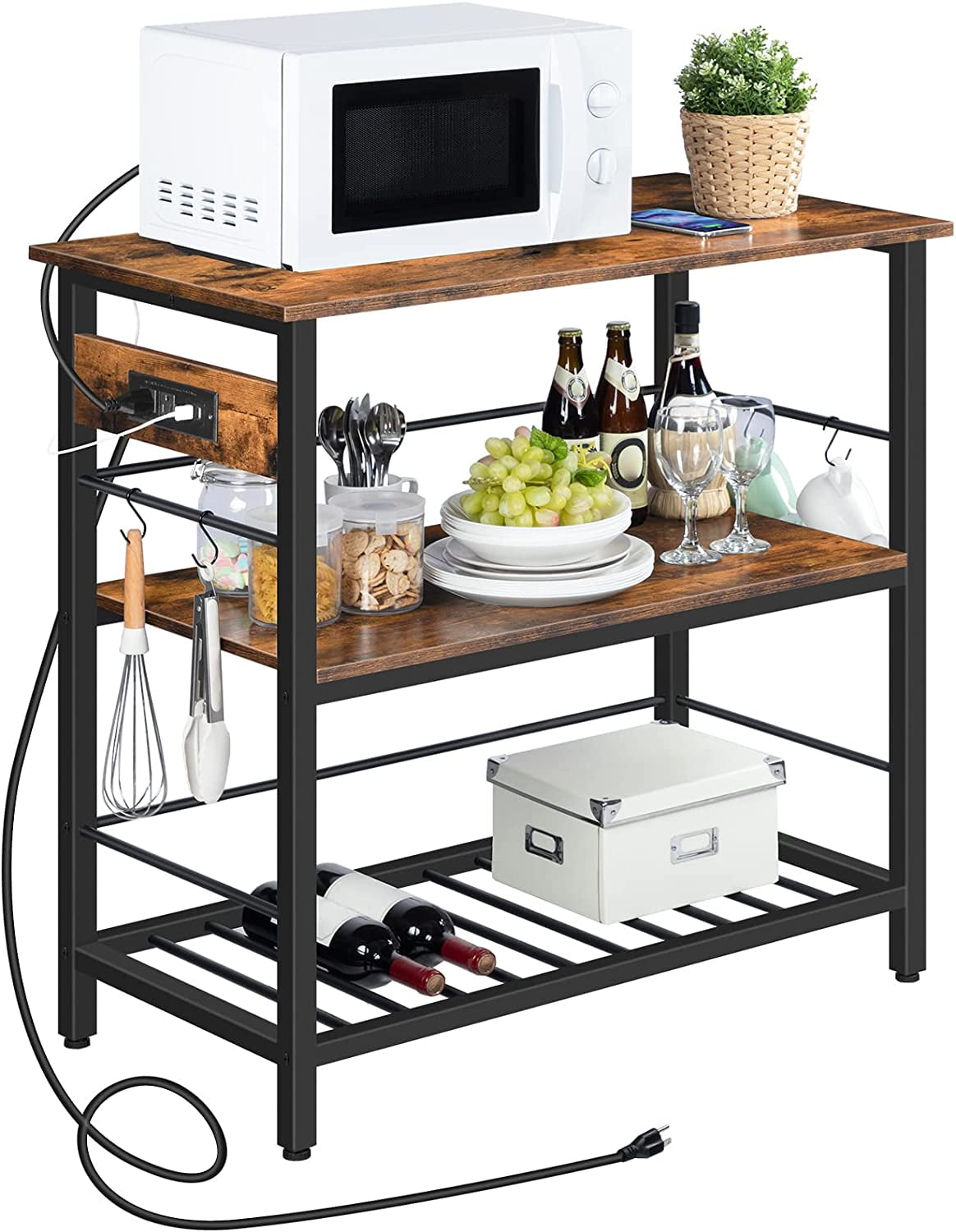 HOOBRO Kitchen Island with Power Outlet 3 Tier Storage Shelf  Kitchen Dining Room Rustic Brown BF021ZD01