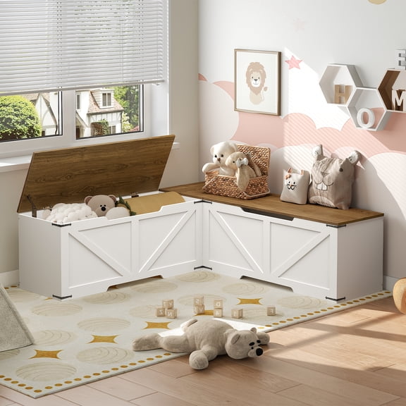 HOOBRO L-Shaped Corner Storage Bench, Space Saving White and Walnut Finish