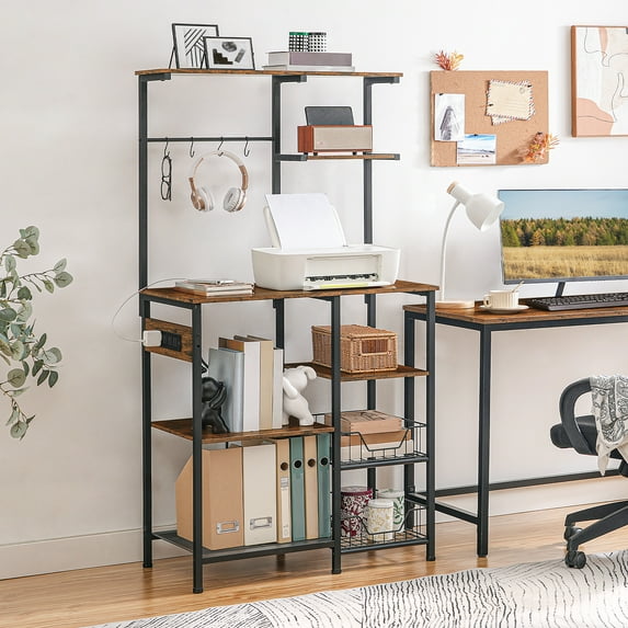 HOOBRO Large Bakers Rack with Power Outlets, 6-Tier Microwave Stand with 4 Hooks, Coffee Bar, Kitchen Shelf with Wire Basket, for Kitchen, Living Room, Office, Rustic Brown and Black BF64UHB01
