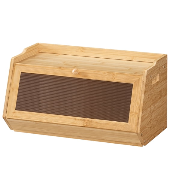 HOOBRO Farmhouse Large Bamboo Bread Box with Acrylic Window & Drop-Down Door, Natural
