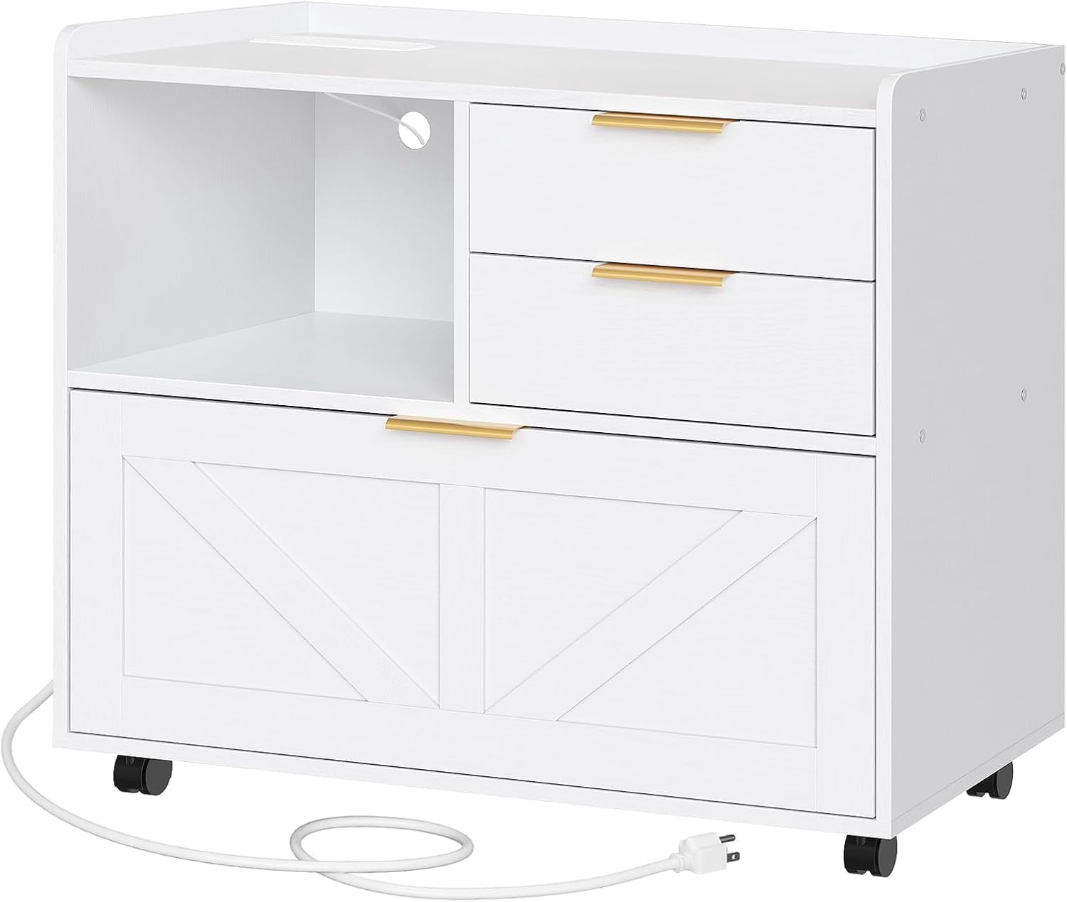 HOOBRO Rolling Wooden Lateral File Cabinet with Charging Station, Printer Stand & Open Storage, White