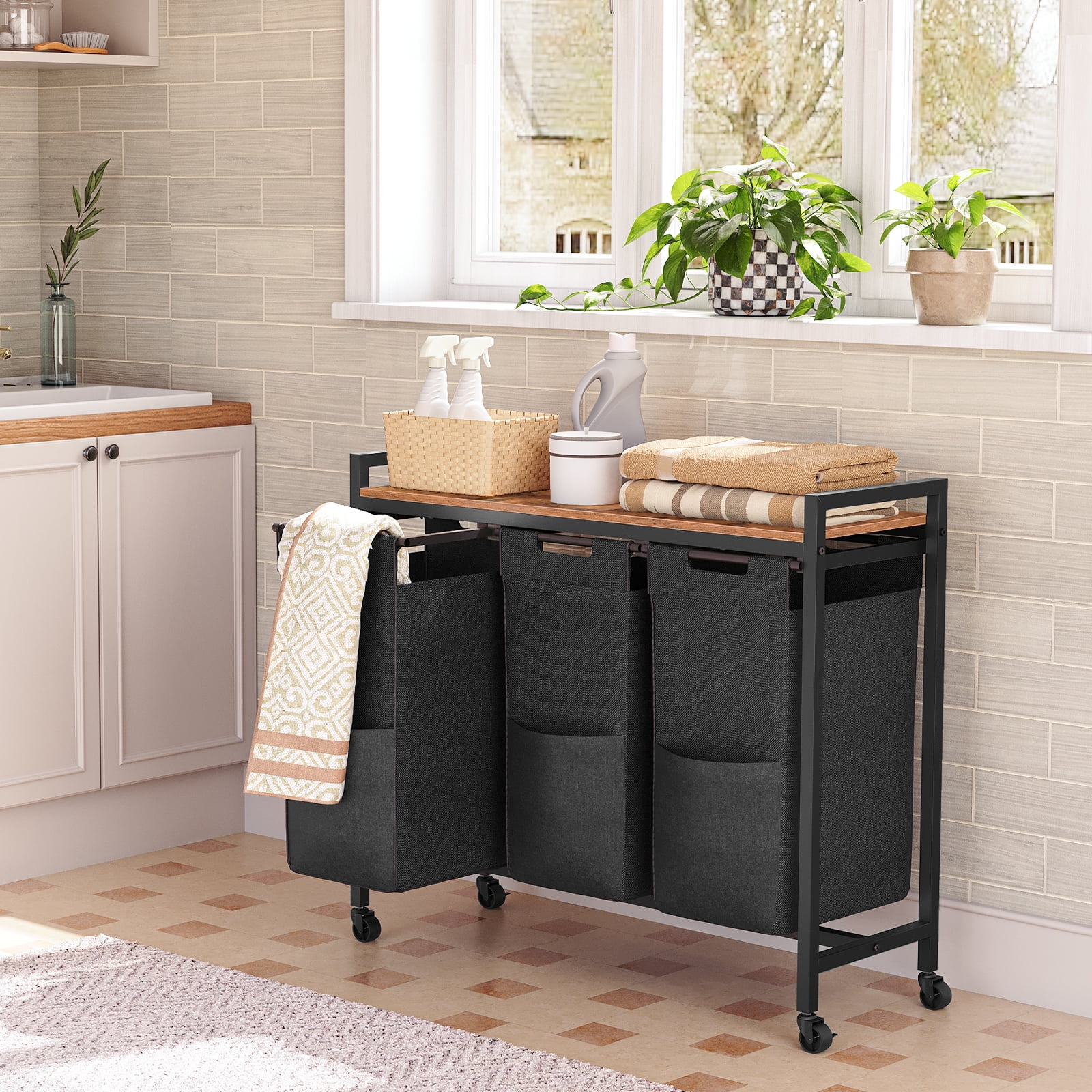 HOOBRO Laundry Hamper 3 Section Rolling Cart Laundry Sorter Bathroom