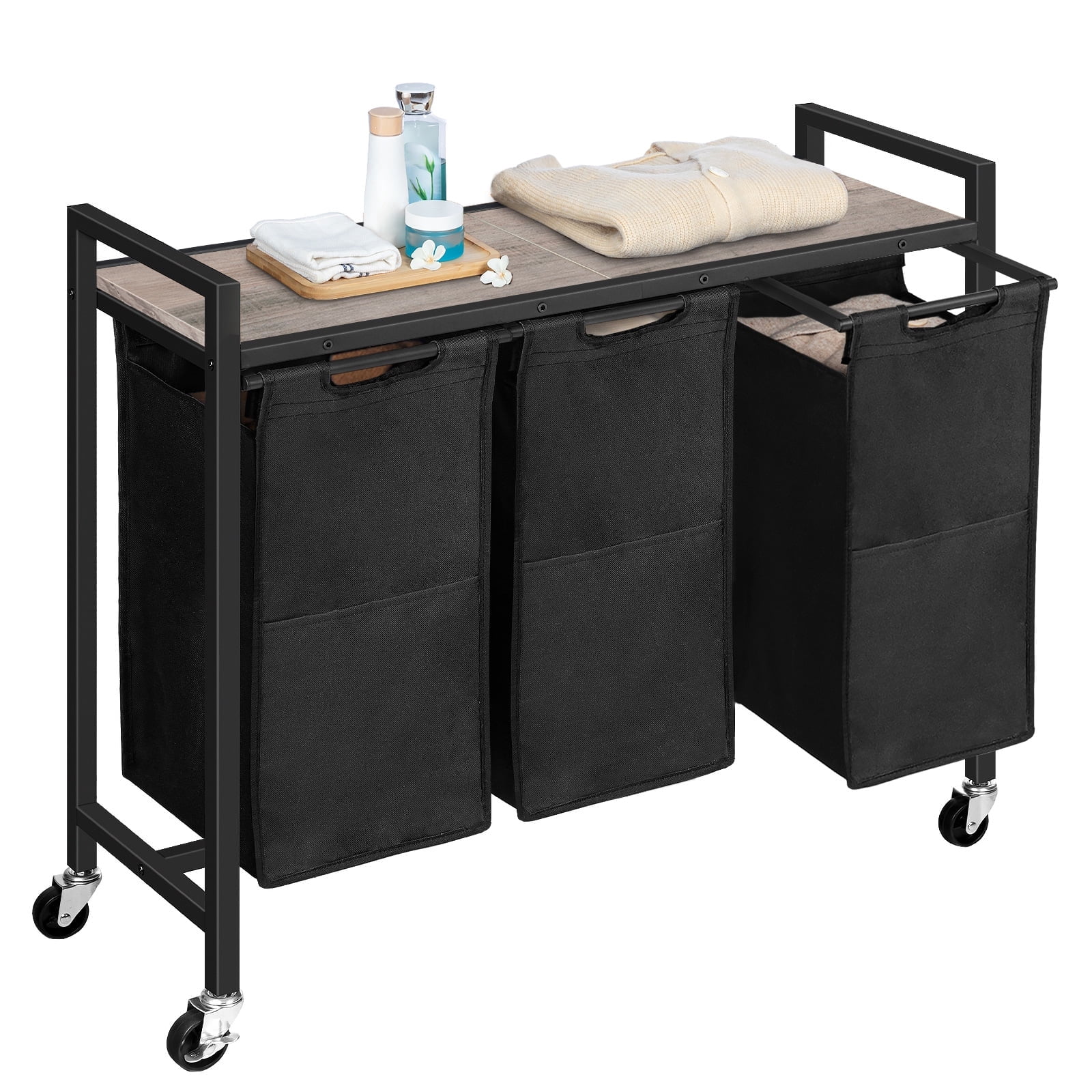 HOOBRO 3-Section Laundry Sorter with Wheels, 3 x 11.5 Gal, Removable Bags, Greige and Black