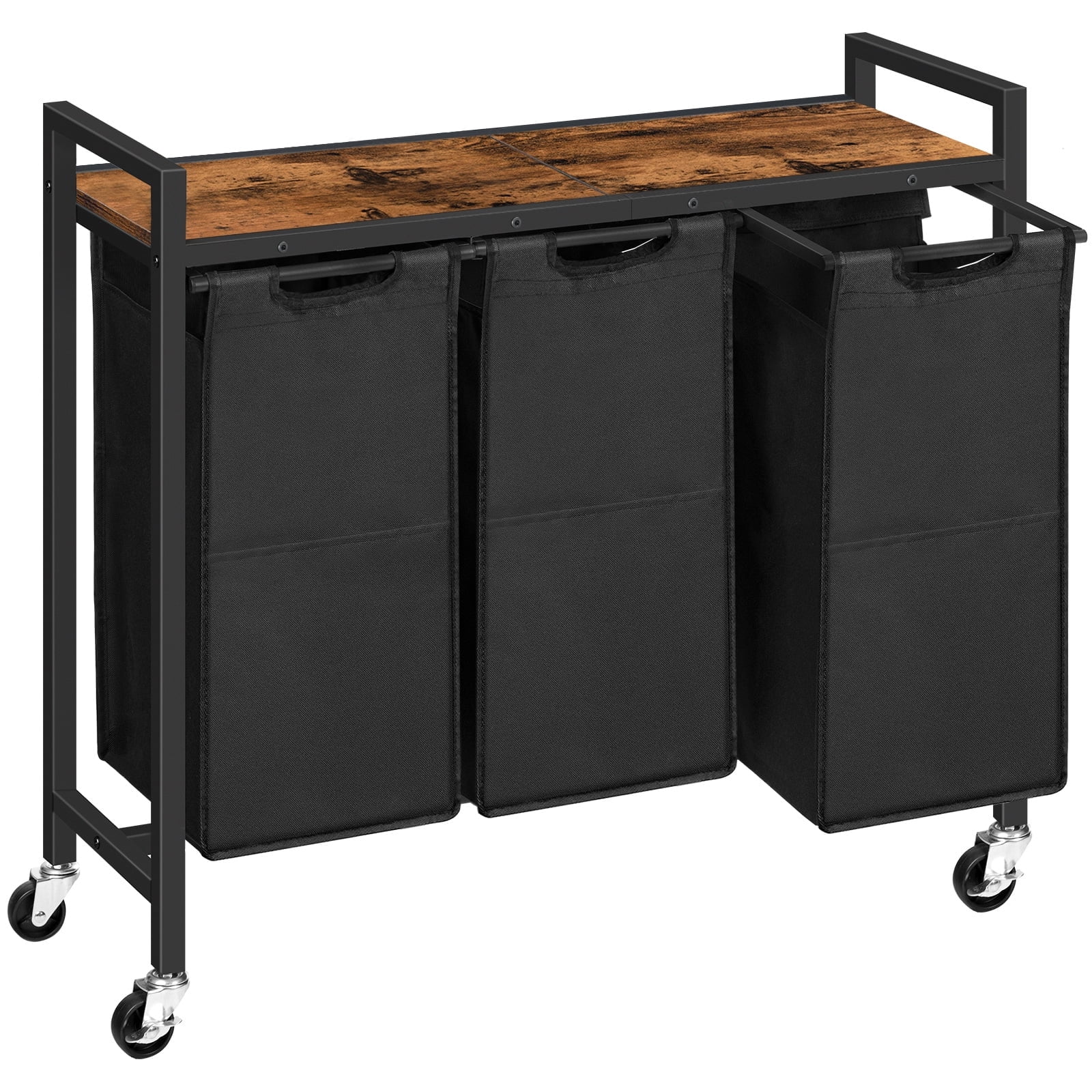 HOOBRO 3-Section Laundry Sorter with Wheels and Removable Bags, Rustic Brown and Black