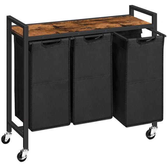 HOOBRO 3-Section Laundry Sorter with Wheels and Removable Bags, Rustic Brown and Black