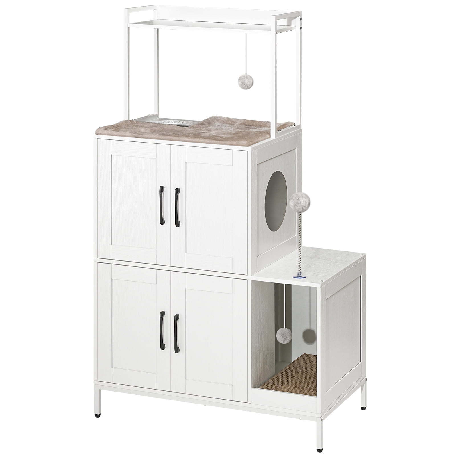 HOOBRO Litter Box Enclosure, Litter Box Furniture with Storage, 2-in-1 Hidden Cat Furniture with Shelf, 2 Dangling Plush Balls and 1 Toy Ball, Large Wooden Cat Washroom, White WT78MW01