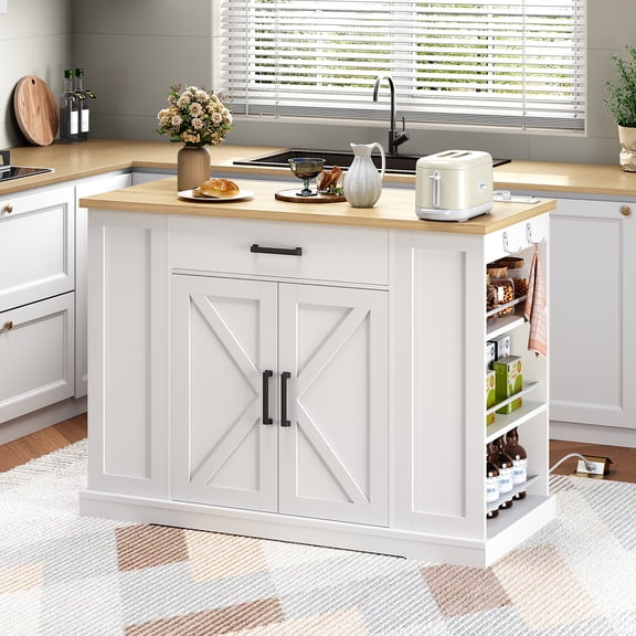 HOOBRO Mobile Kitchen Island with Charging Station, Drawer, Doors, Spice Racks & Hooks, Hidden Locking Wheels, White and Walnut