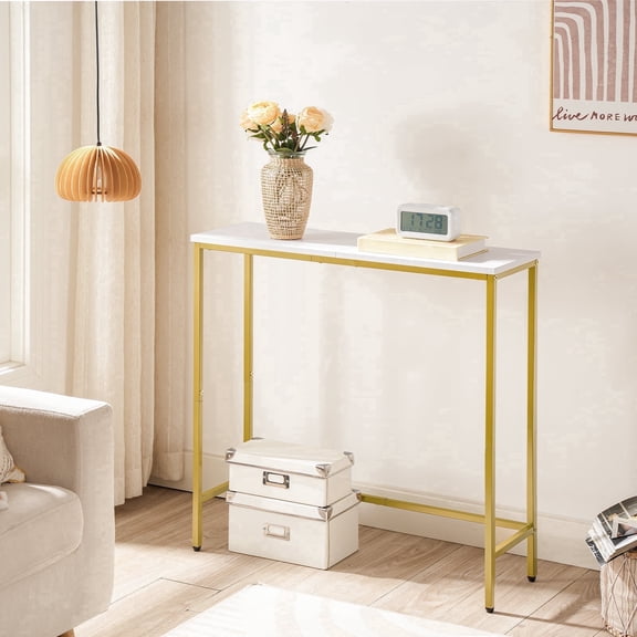 HOOBRO Narrow Console Table, 29.5" Small Entryway Table, Thin Sofa Table, Side Table, Display Table, for Hallway, Bedroom, Living Room, Foyer, White and Gold DW75XG01