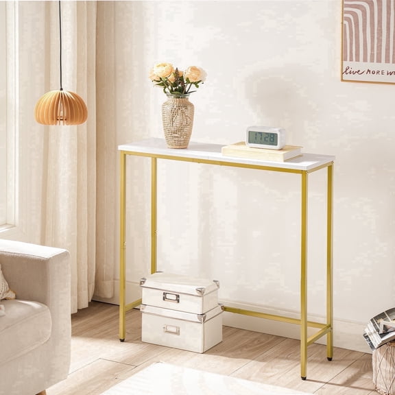 HOOBRO Narrow Console Table, 29.5" Small Entryway Table, Thin Sofa Table, Side Table, Display Table, for Hallway, Bedroom, Living Room, Foyer, White and Gold DW75XG01