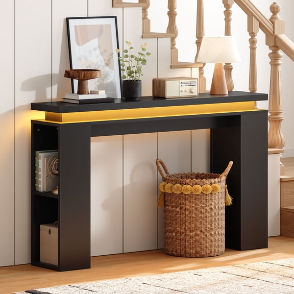 HOOBRO Narrow Console Table with LED Lights, Floating Top & Adjustable Shelves, Black