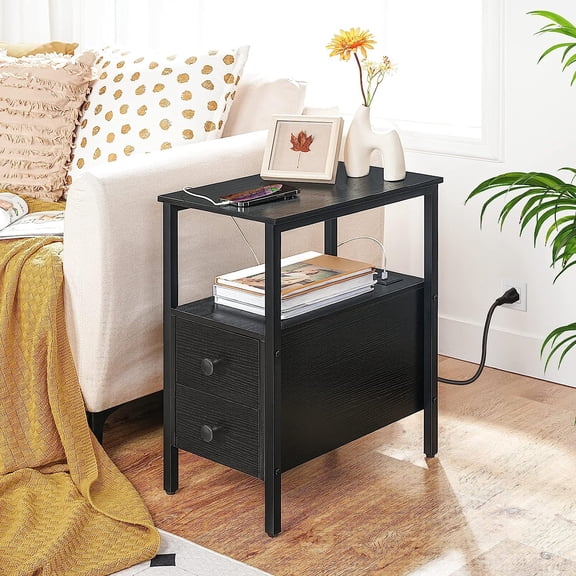 HOOBRO Narrow End Table with Charging Station & 2 Drawers, Black