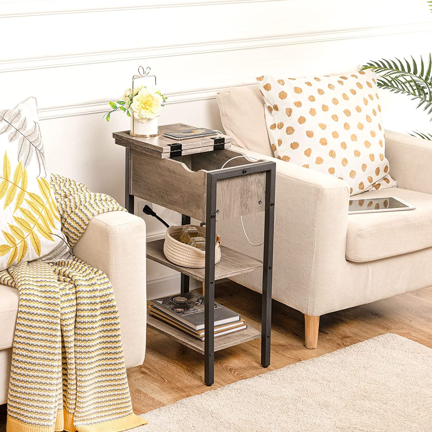 Greige and Black Rectangular End Table with Storage and USB Ports