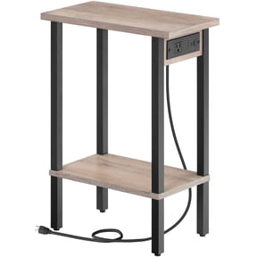 HOOBRO Narrow Side Table, 2-Tier Slim End Table with Charging Station, Skinny Nightstand with Open Storage, for Small Spaces, Living Room, Bedroom, Study,Gray and Black BG240UBZ01