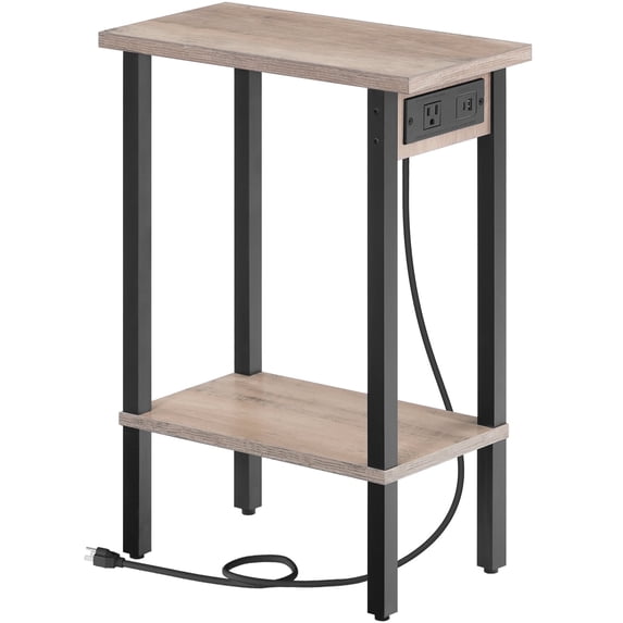 HOOBRO Narrow Side Table, 2-Tier Slim End Table with Charging Station, Skinny Nightstand with Open Storage, for Small Spaces, Living Room, Bedroom, Study,Gray and Black BG240UBZ01