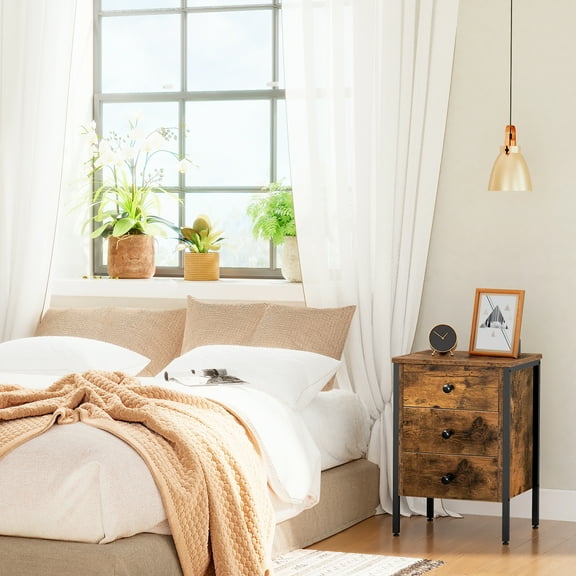 HOOBRO Nightstand, End Table with 3 Drawers and Storage Shelf, Retro Industrial Style End Table, for Living Room, Bedroom, Easy Assembly, Rustic Brown BF46BZ01G2